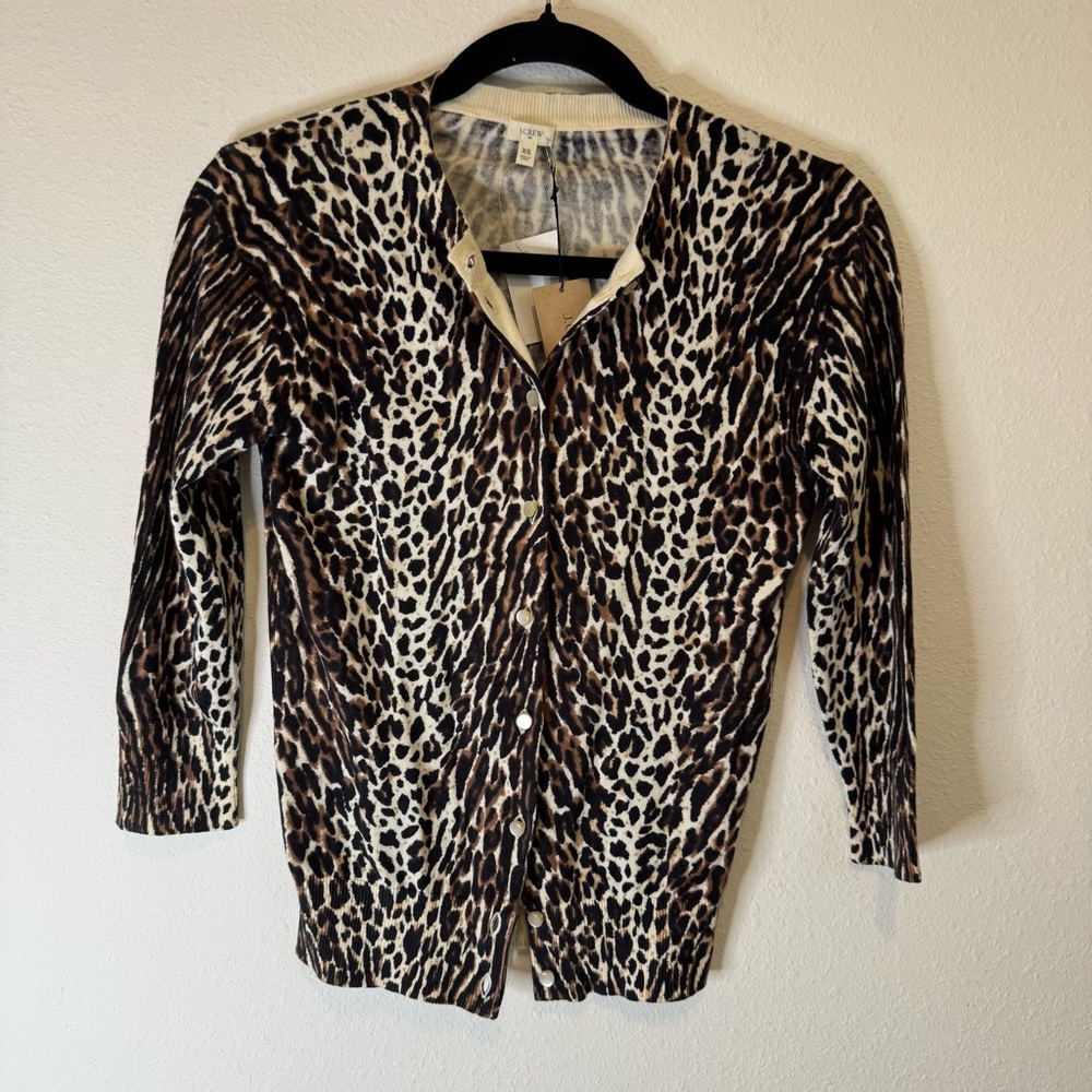 J. Crew Women's Black Brown Leopard 3/4 Sleeve Sweaters Cardigan Size XS NWT